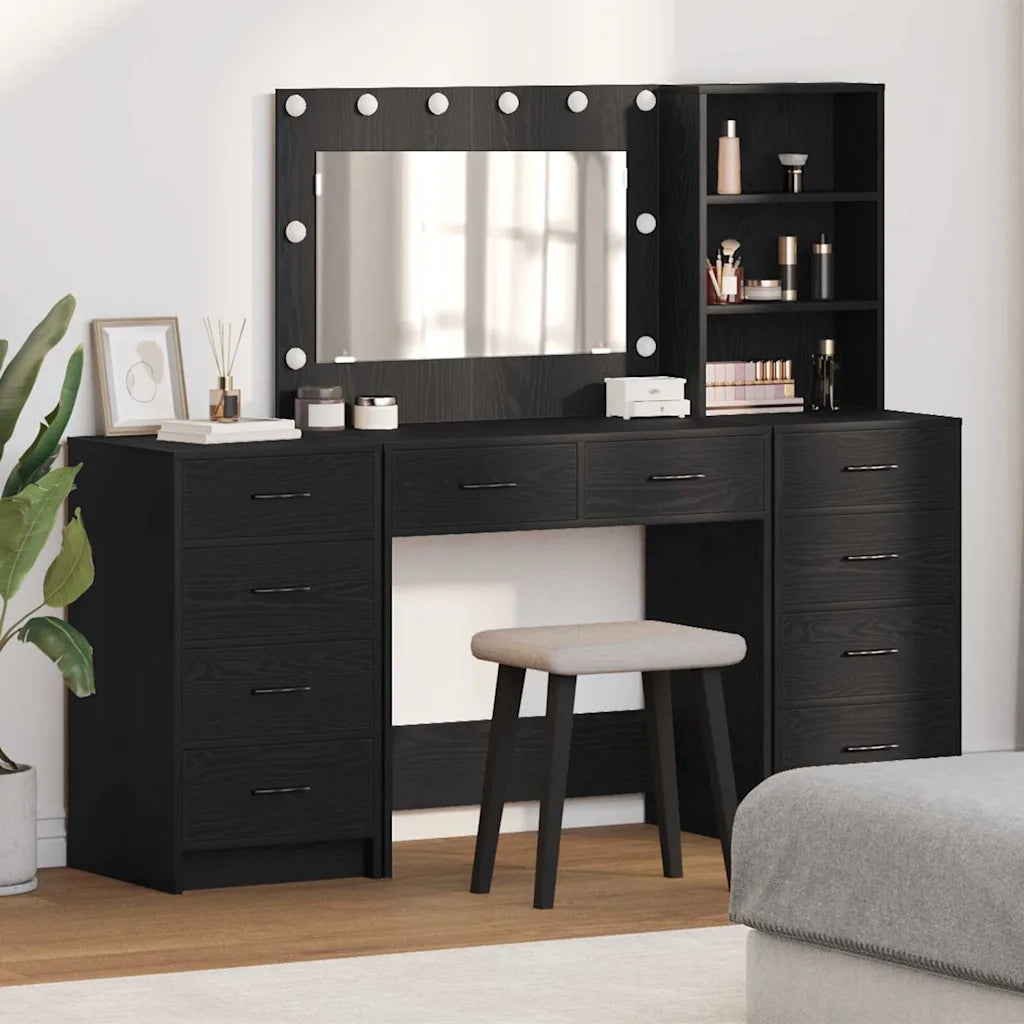 Toeletta | Tavolo da Trucco 3 pz Rovere Nero Legno multistrato