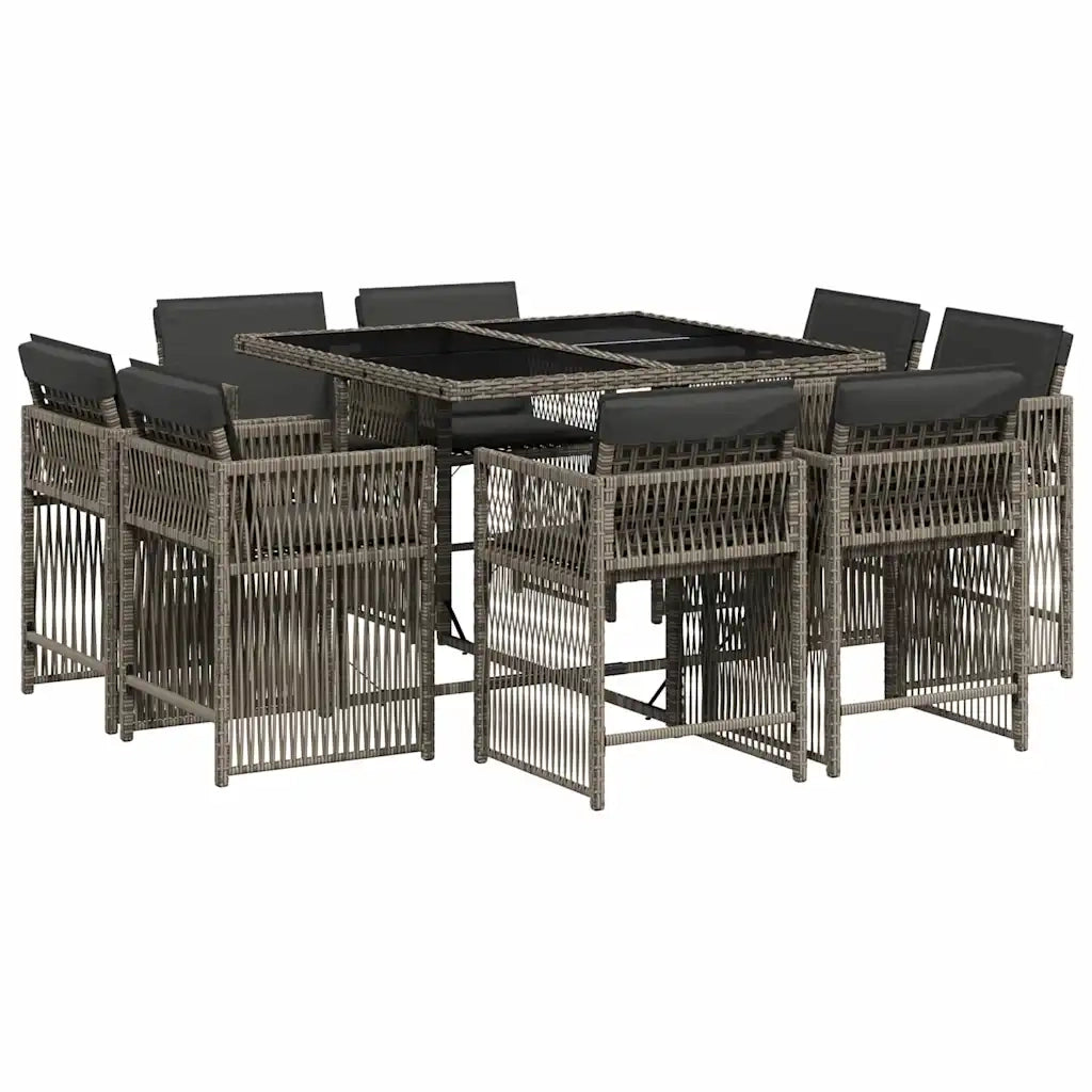 Set da Pranzo da Giardino 9 pz con Cuscini in Polyrattan Grigio