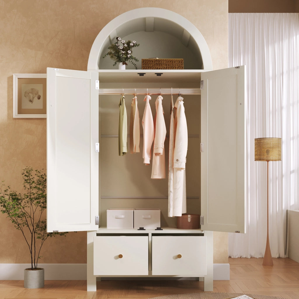 ARMADIO 181x78x45 cm con frontali in rattan, bianco, 2 cassetti