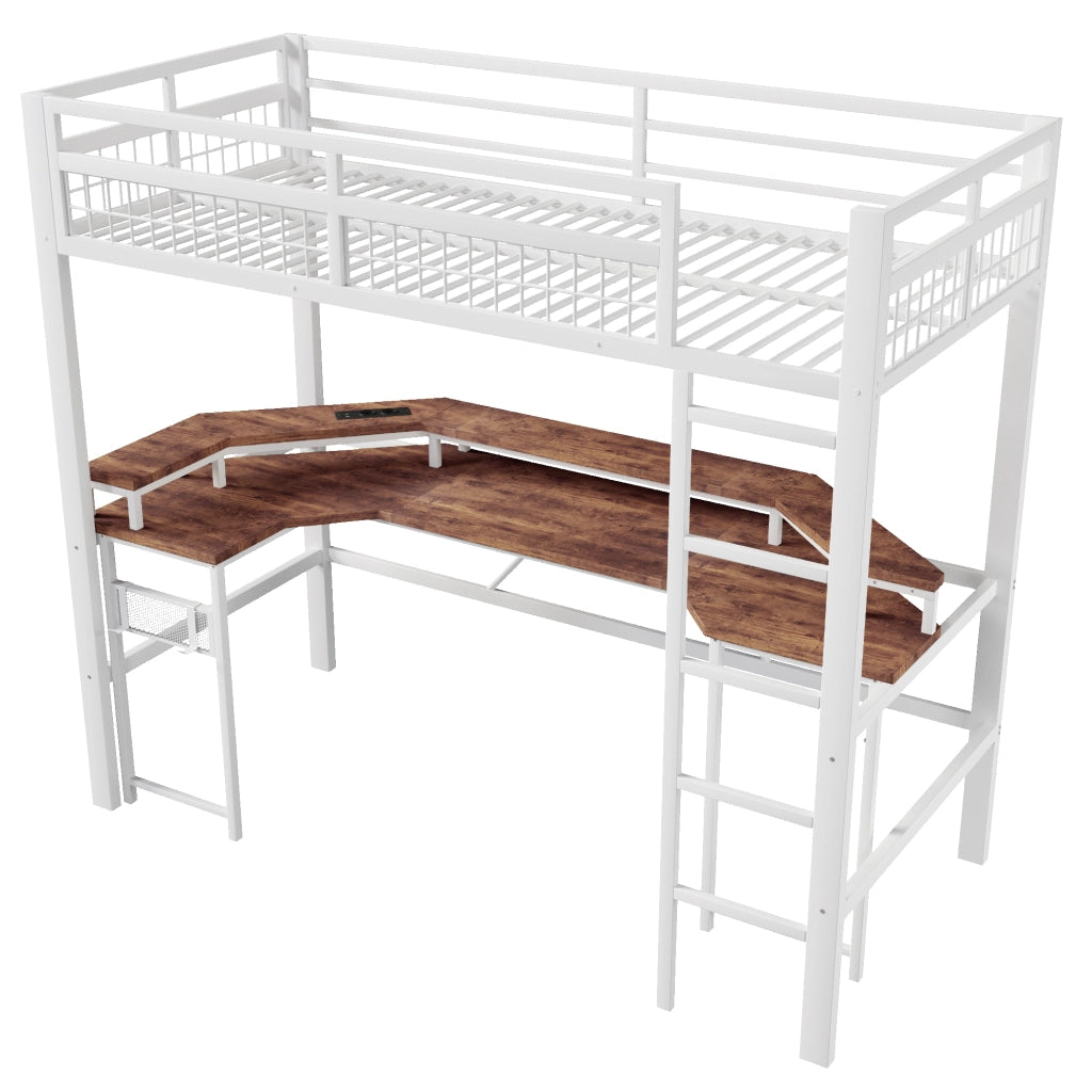 Letto a soppalco con scrivania e LED - Zephmum- 90x200 cm, bianco, USB, presa