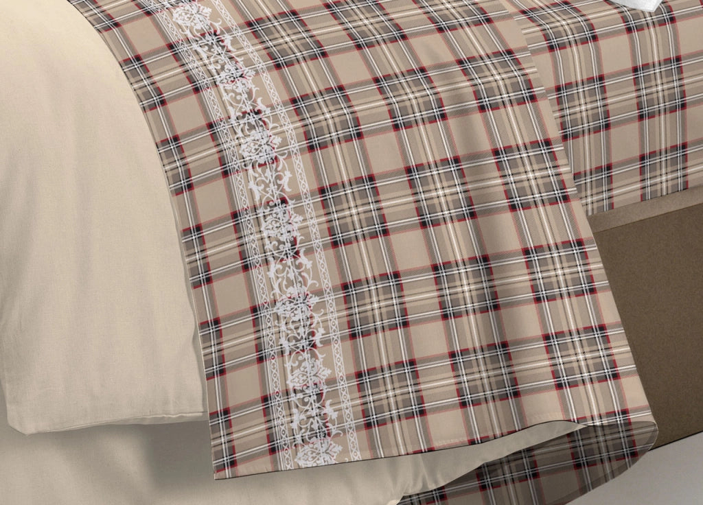 Completo Lenzuola Linea Pensieri Delicati 100% Cotone Disegno Cervo Tartan - Piazza E Mezza - Beige