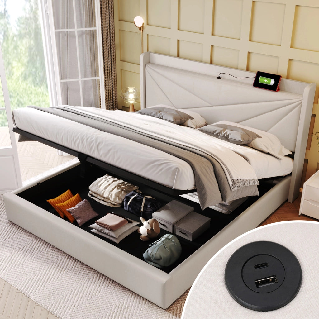 LETTO Contenitore 160x200 cm con USB e USB-C Beige in cotone e lino