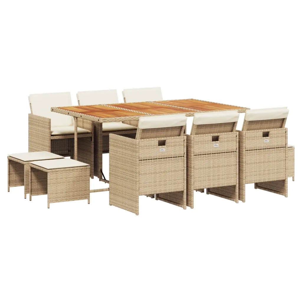 Set da Pranzo da Giardino 11 pz con Cuscini Beige in Polyrattan
