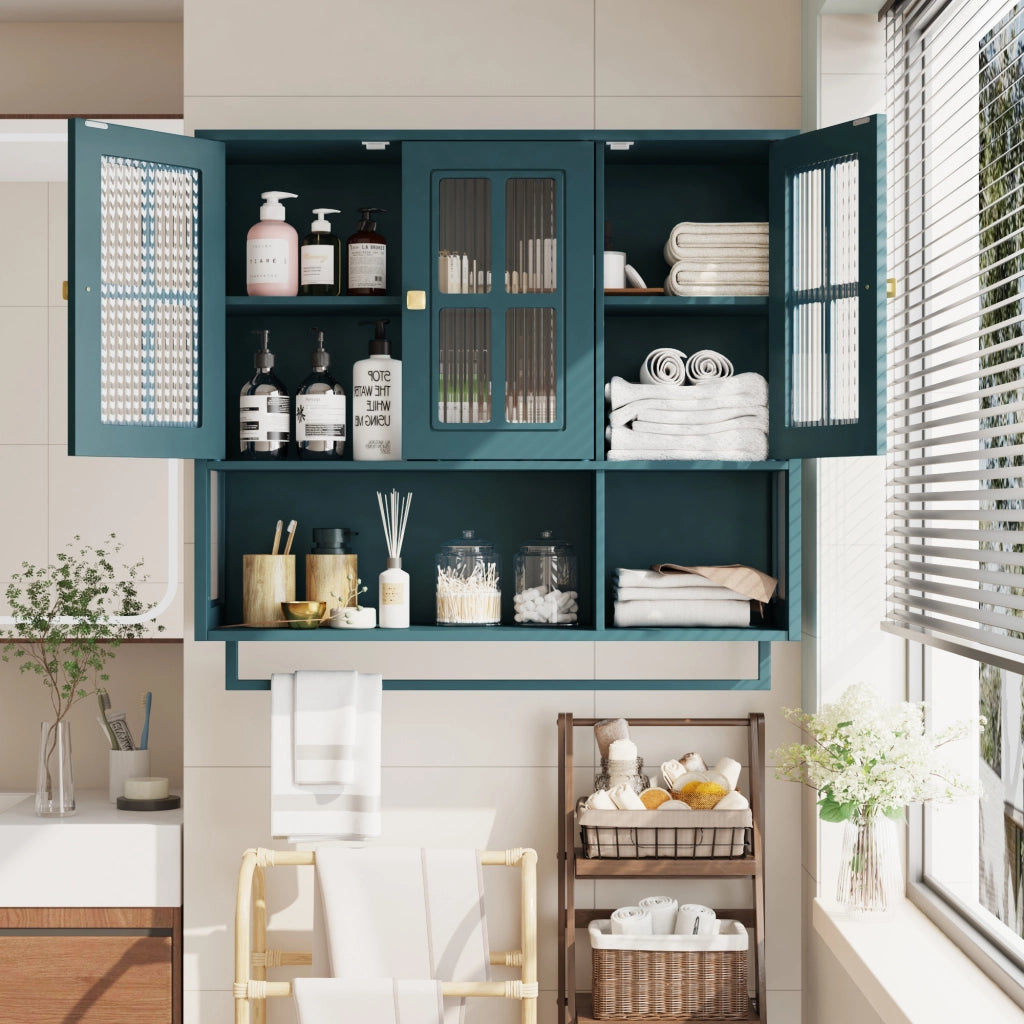 OKWISH Pensile da Bagno con 3 Ante, 1 Vano Aperto e Portasciugamani, MDF e Vetro, Verde Scuro, 88×26×82,5 cm