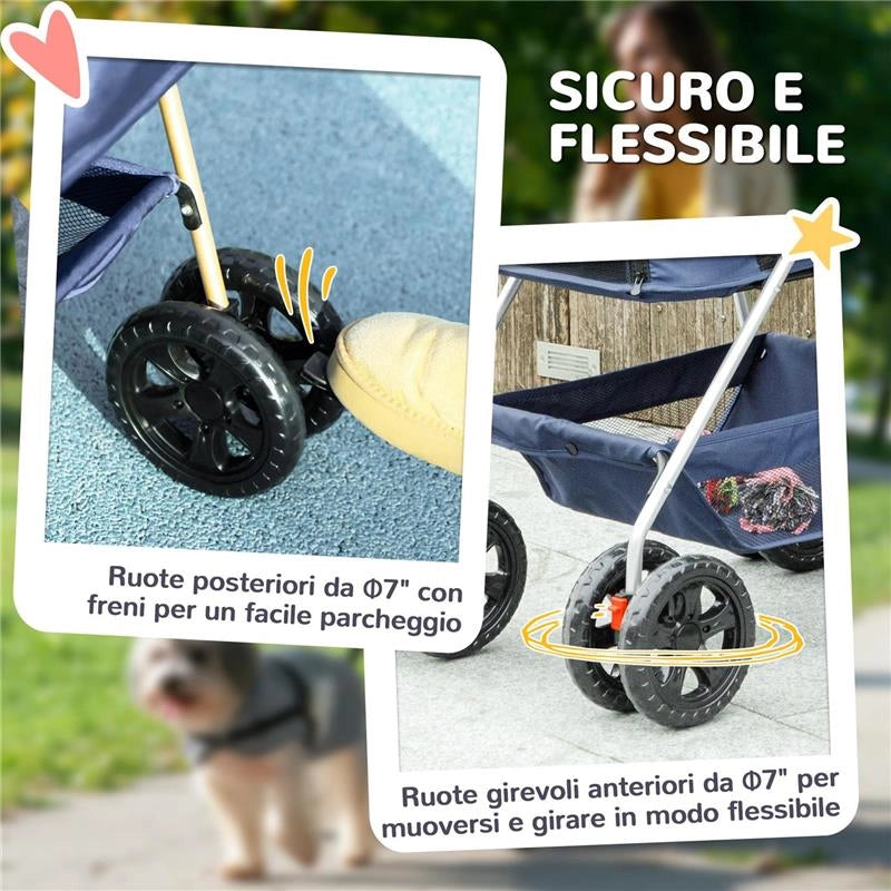 PASSEGGINO PER CANI 3 IN 1 PIEGHEVOLE CON BORSA TRASPORTINO E CESTINO INFERIORE BLU
