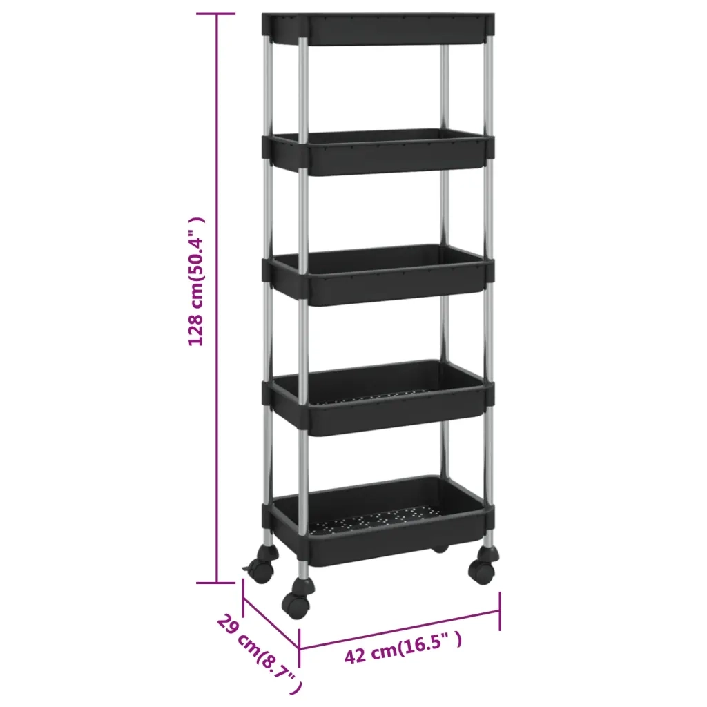 Carrello da Cucina 5 Ripiani Nero 42x29x128 cm Ferro e ABS CFW3170208