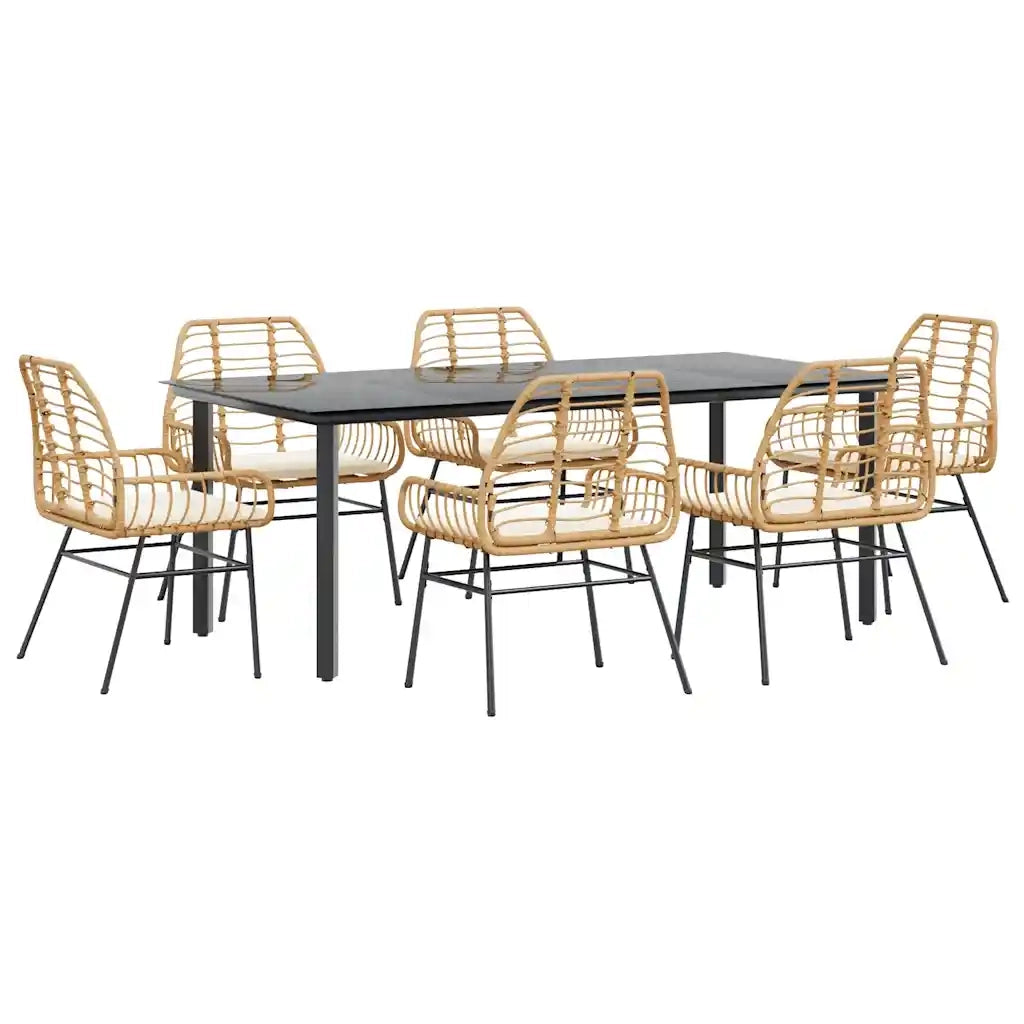 Set Pranzo da Giardino 7pz con Cuscini Marrone Polyrattan Vetro 3334560