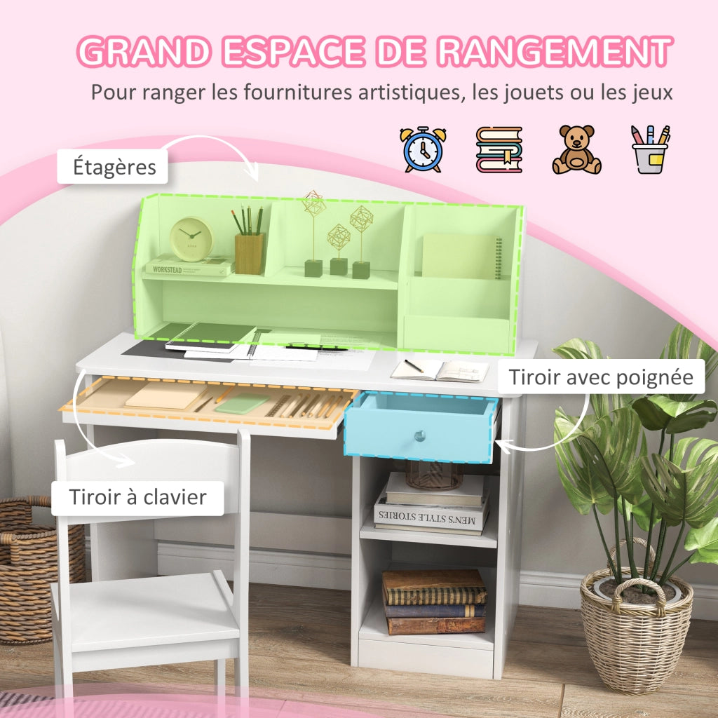 Scrivania bambini con sedia ergonomica cassetto tastiera scorrevole scaffale ripiani 90x45x90 ¨C Xylo ¨C Bianco
