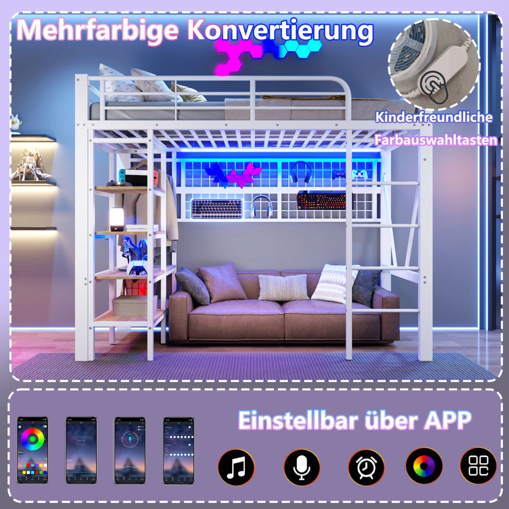 DESMIU Letto a Soppalco Letto Singolo 90 × 200 cm 1 Posto con LED Regolabile, Mensola e Rete Sospesa, senza Materasso