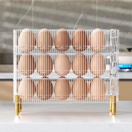 Eierhouder per frigorifero - dorato - alta beuga - contenitore per cucina - display per eie - 30 uova - fissato - resistente al calore - trasparente