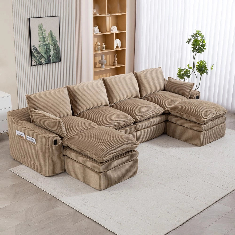 Divano modulare 4 posti con sgabelli - Zephmum- Tessuto cord, cuscini, tasche laterali