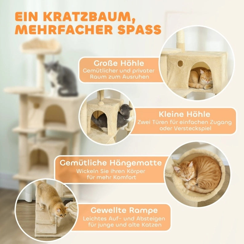 Tiragraffi per gatti beige con amaca, scala e cuccia
