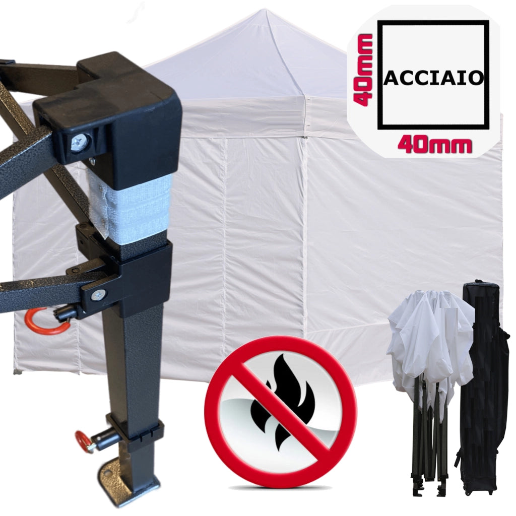 Gazebo 2x2m bianco certificato IGNIFUGO pieghevole portatile estendibile richiudibile estensibile acciaio con laterali per fiere eventi stand chiosco tenda tendone mercato mercatino  