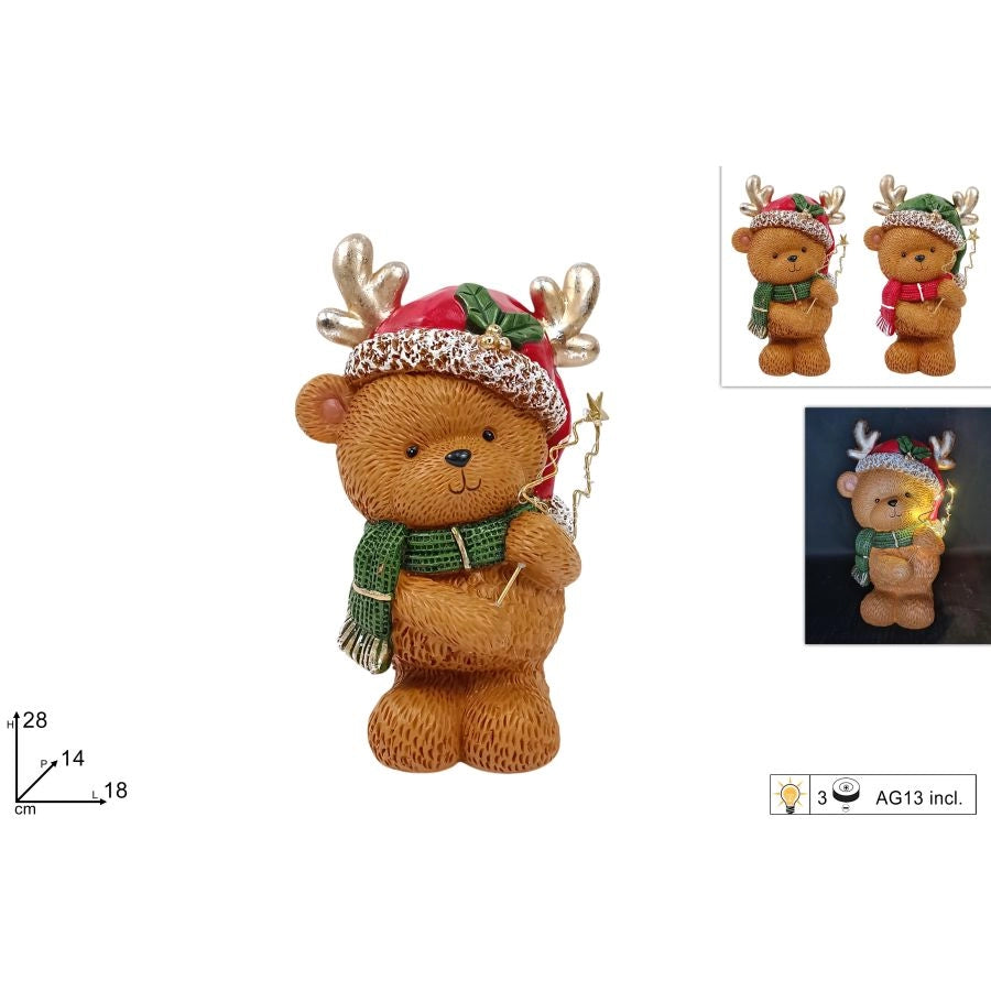 ORSO NATALIZIO 28CM DECORATO CON ORO CON LUCE 2 ASSORTIMENTI