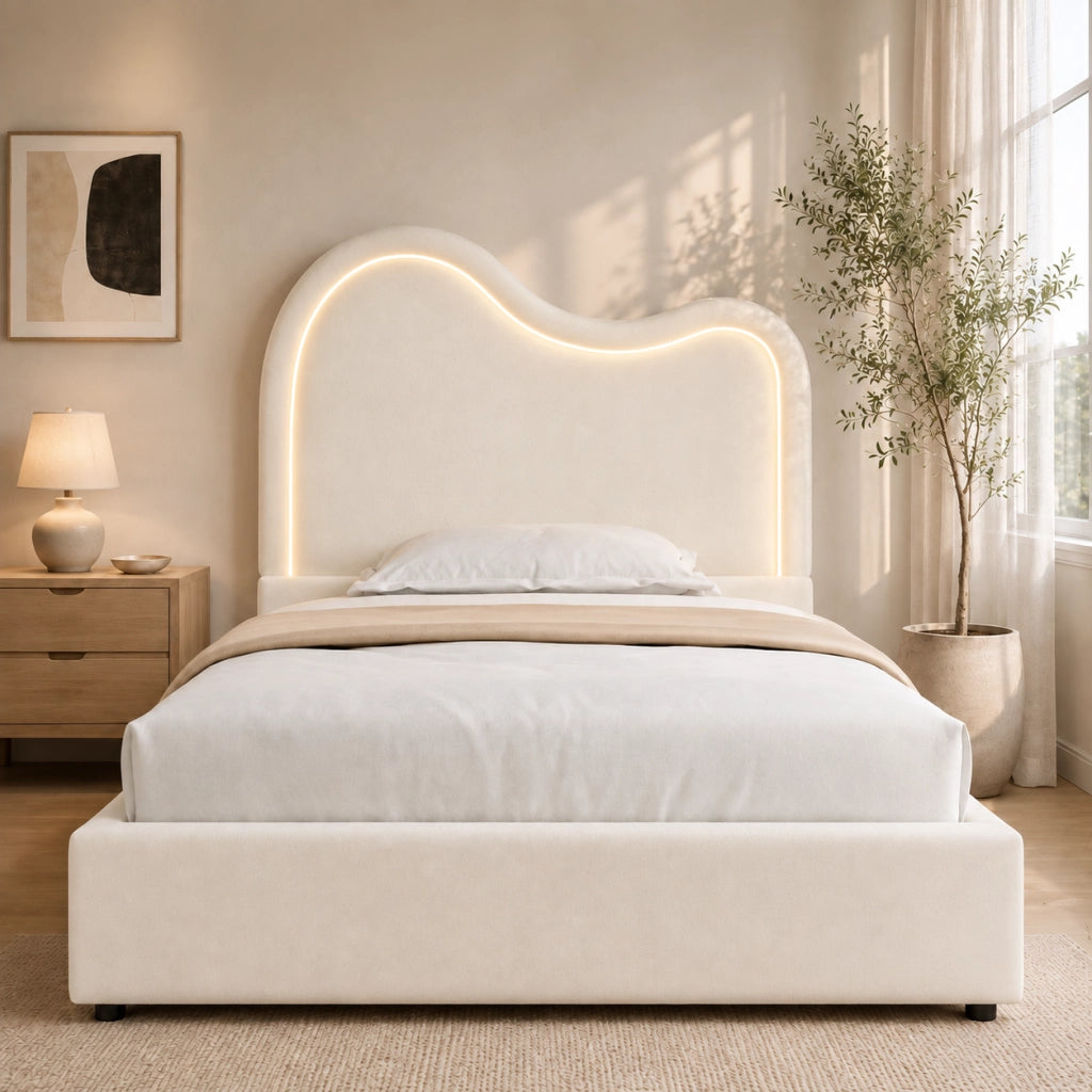Letto contenitore singolo 90x200 cm per bambini; imbottito; sollevamento idraulico; rete a doghe; velluto beige
