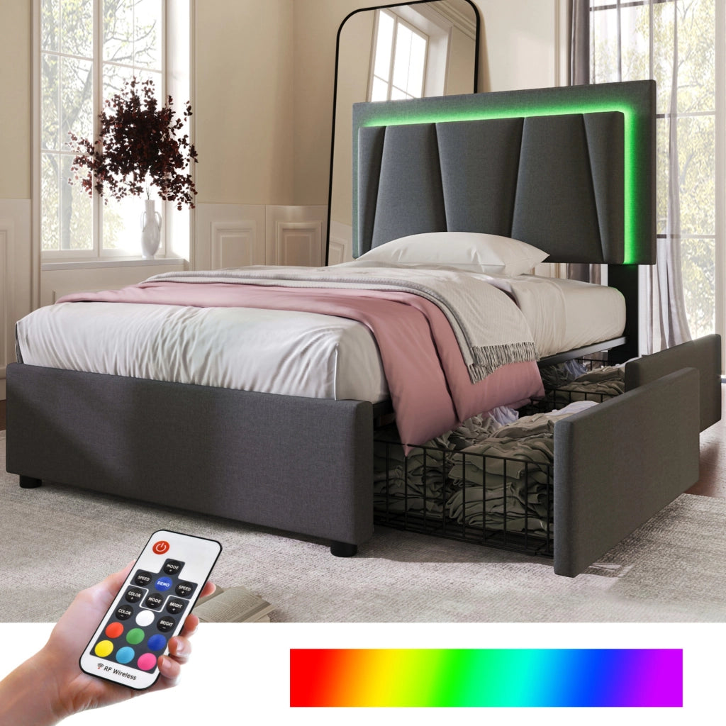 Letto singolo 90x200 cm con testiera regolabile, LED e 2 cassetti