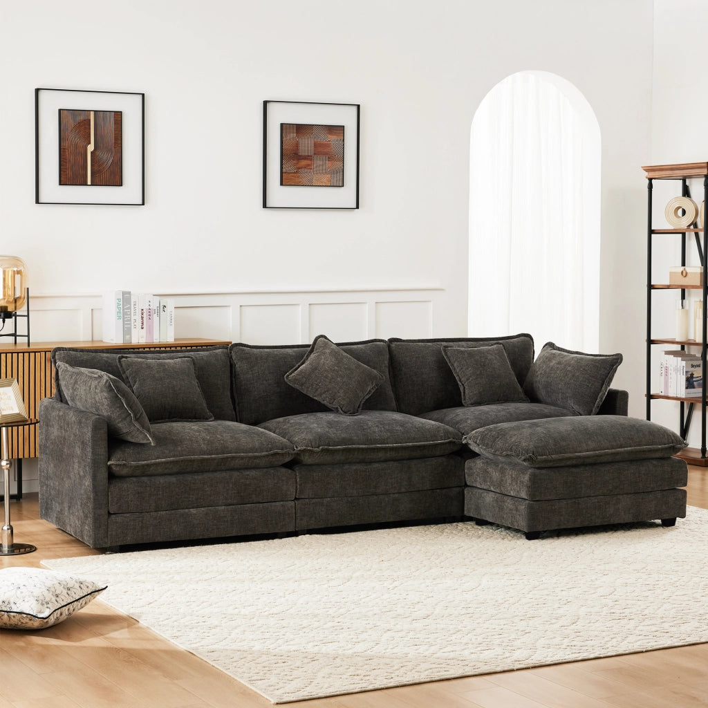 Divano angolare L moderno - Zephmum - Tessuto chenille, tre posti con poggiapiedi, Grigio