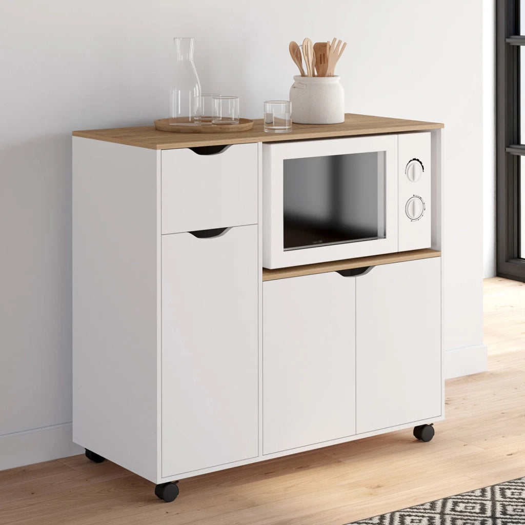 IDMarket - Credenza a microonde COSI XXL con cassetto in legno bianco e ripiani in faggio L.90 CM