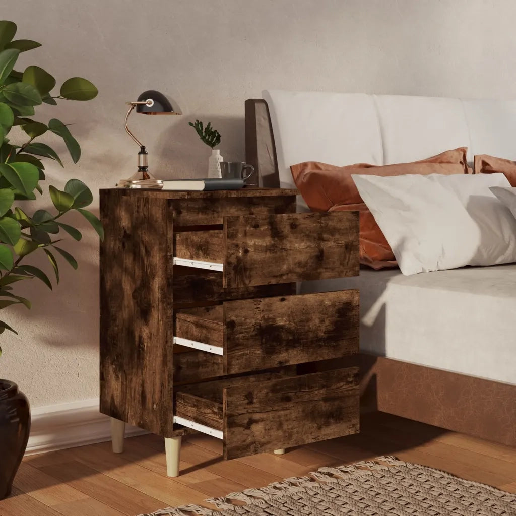 Set di 2 Comodini | Armadio da Notte | Mobiletto da notte con Gambe in Legno Massello Rovere Fumo 40x35x69cm