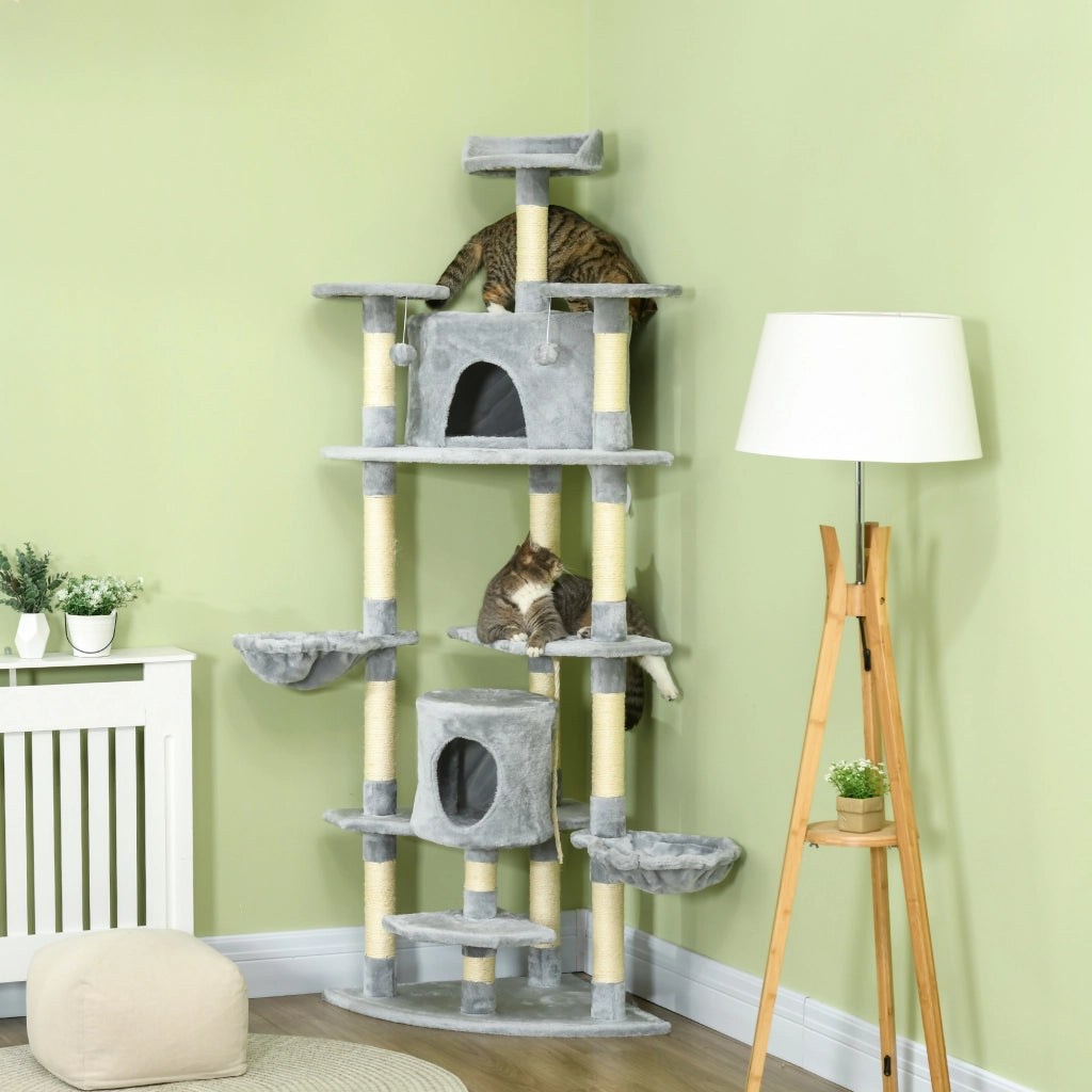 EasyComfort Albero Tiragraffi per Gatti Alto con Casette e Amache, 60x60x200cm, Grigio Chiaro