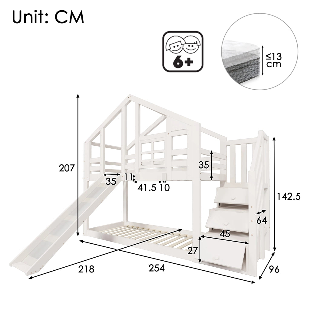 LETTO a castello casetta 90x200 cm bianco con scivolo