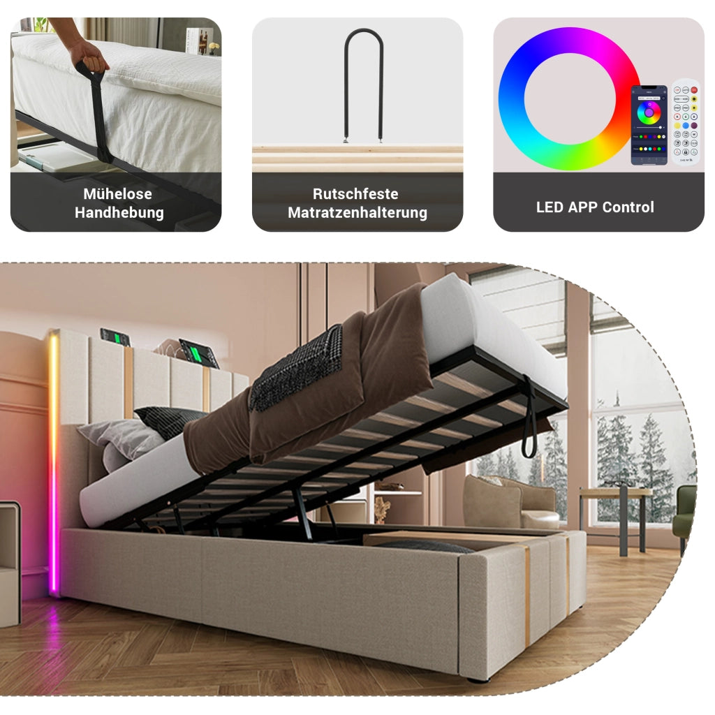 LETTO Contenitore 90x200 cm Beige in lino con LED e ricarica USB Type C