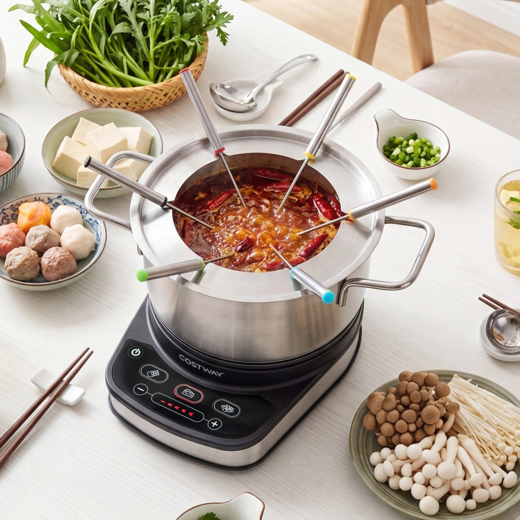 Set fonduta elettrica 3 l temperatura regolabile in acciaio inox rimovibile e lavabile, Fondue con 6 forchette pentola antiaderente e paraspuzzi