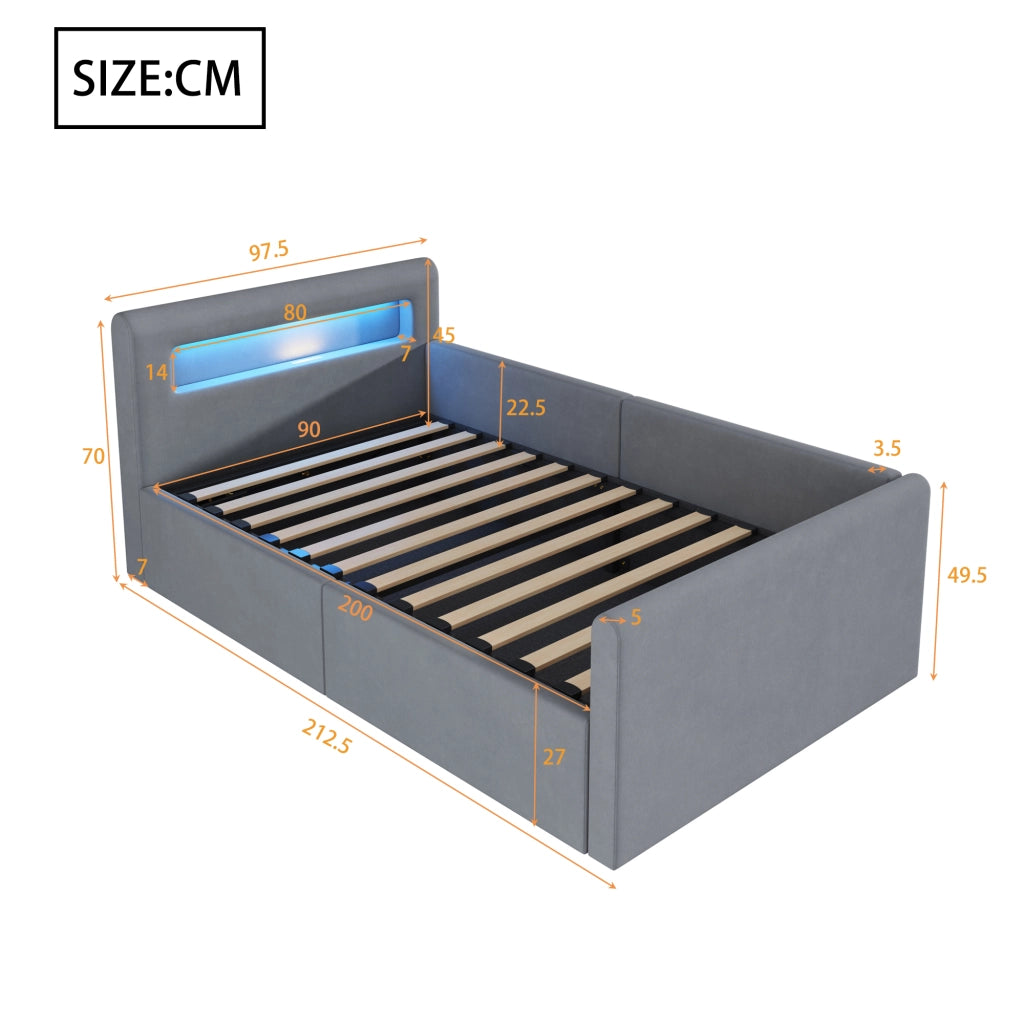 LETTO imbottito 90x200 cm in velluto grigio con LED, USB e contenitore idraulico
