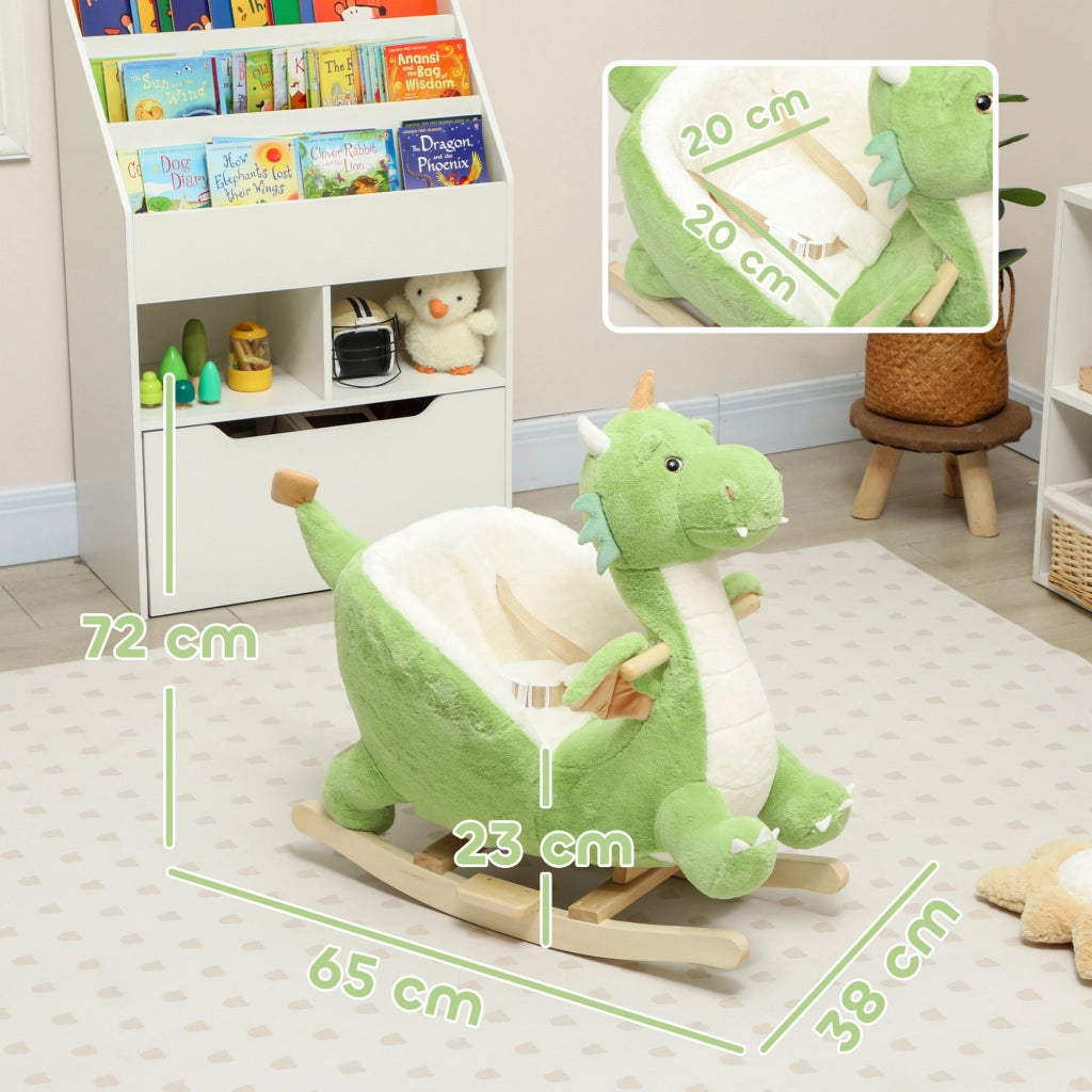 Cavallo a dondolo in peluche ¨C Xylo ¨C base legno con suono, verde, 18-36 mesi