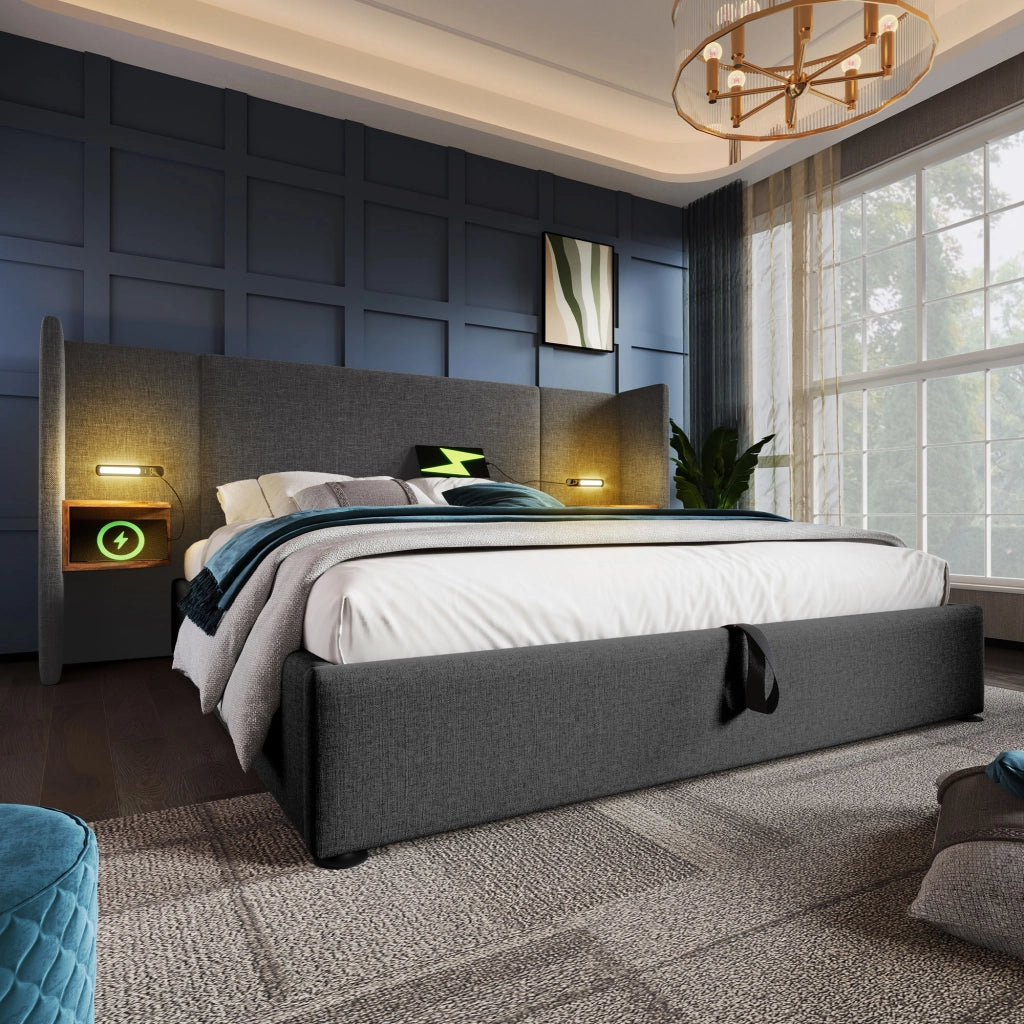 LETTO Contenitore 180x200 cm Grigio in Lino con USB e Lampada da Lettura