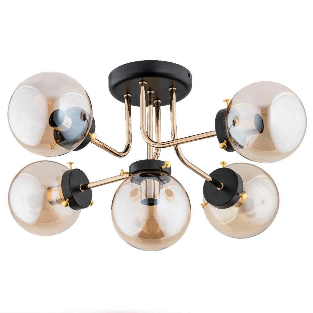 Plafoniera moderna nero oro sfere ambra 5xE14 Alfa