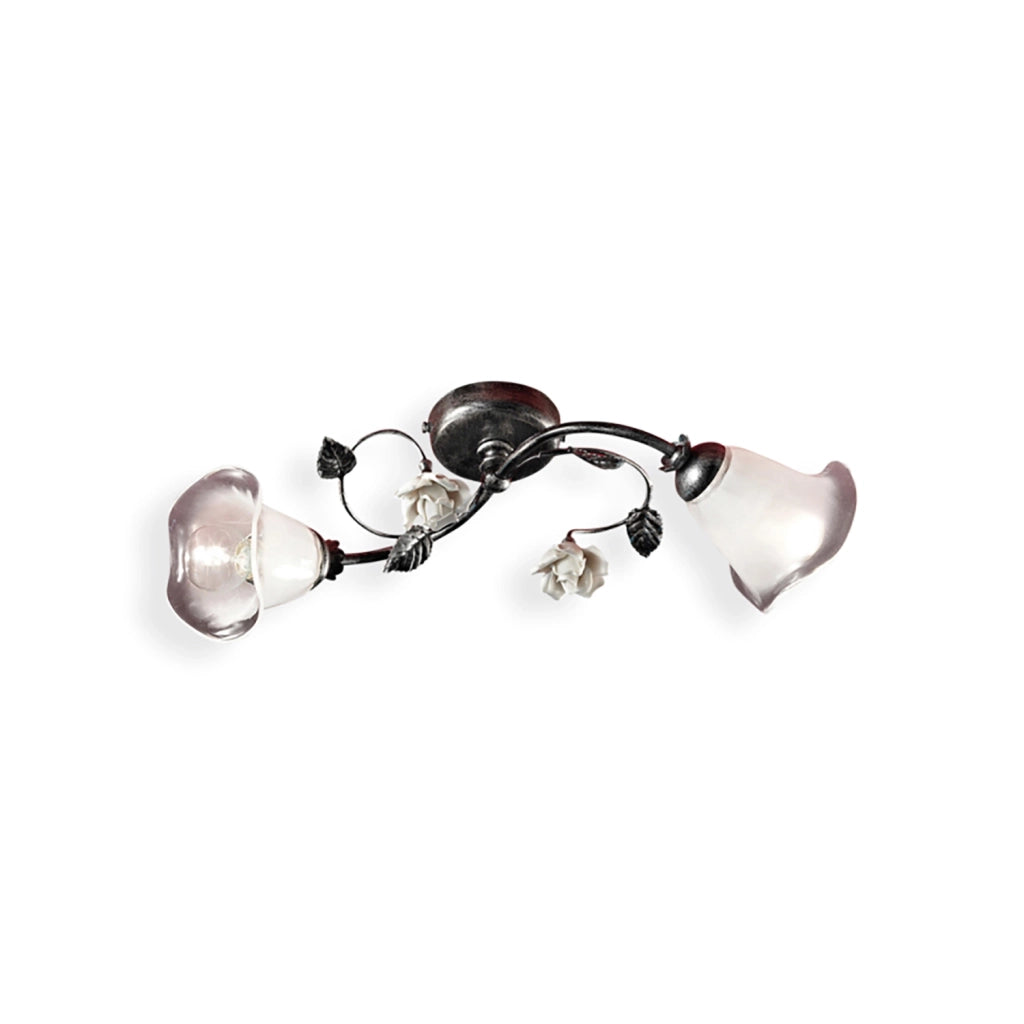 Plafoniera Classica Siena Metallo E Ceramica Nero Sfumato Argento 2 Luci E14