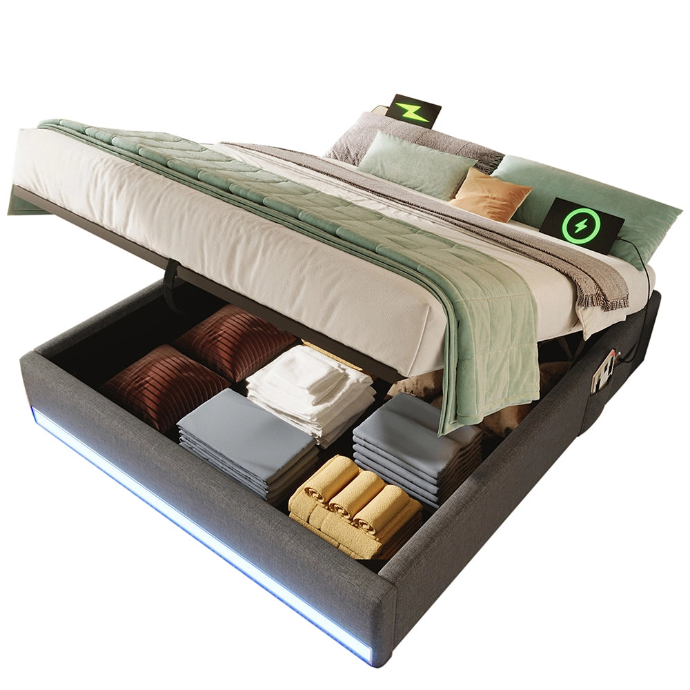 Letto contenitore - Xylo - 140x200 cm LED USB grigio