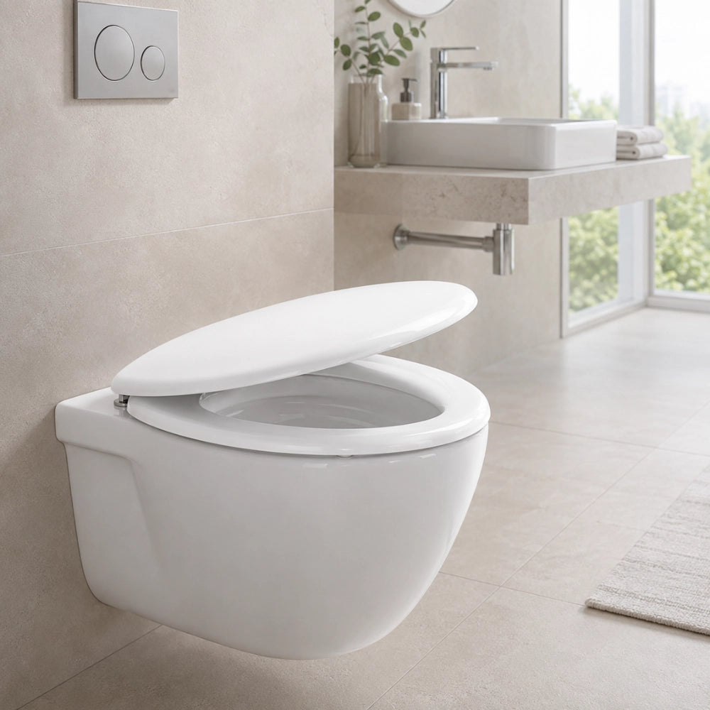 Sedile wc copri water universale bianco in mdf con cerniere regolabili