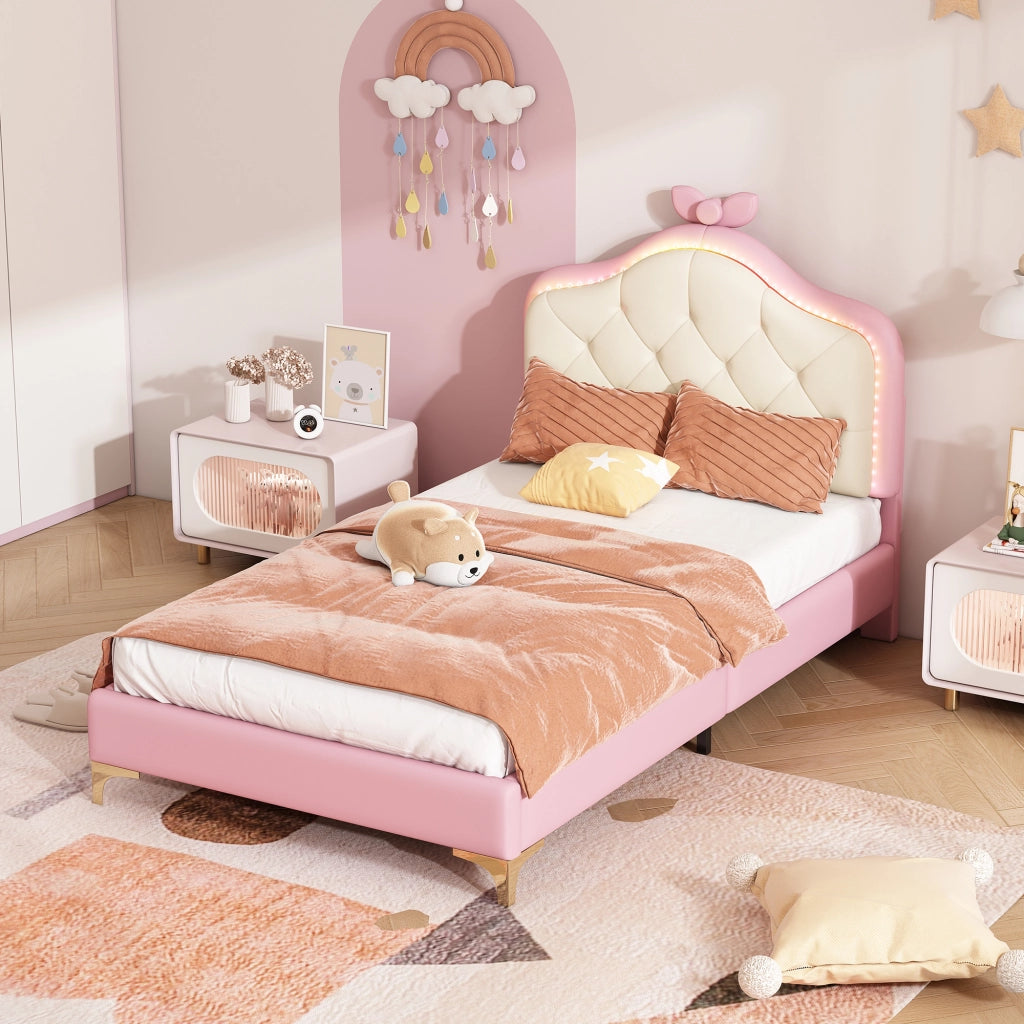 LETTO Imbottito 90x200 cm PU Bianco/Rosa con testiera ondulata e LED