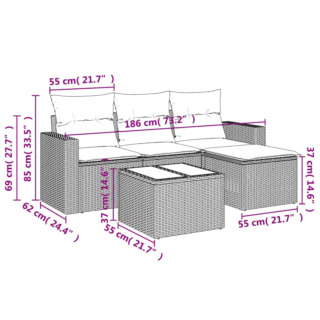 Set Divano da Giardino 5 pz con Cuscini Marrone in Polyrattan 3251220