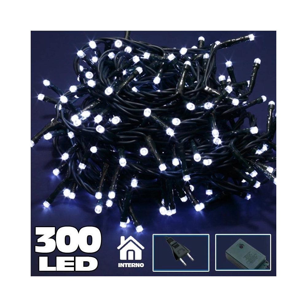 Trade Shop - Catena Luminosa 300 Luci Led Lucciole Bianco Freddo Con Controller 8 Funzioni -