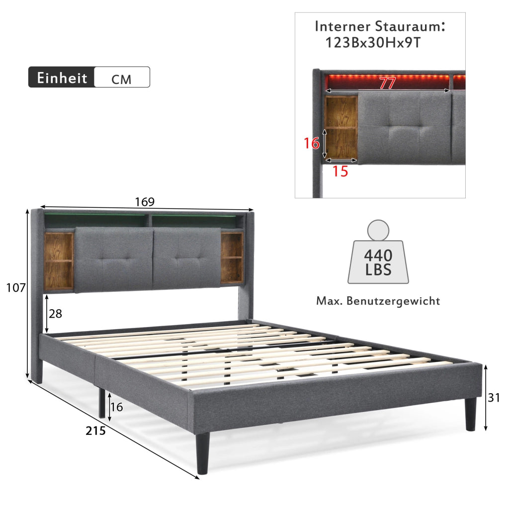 Letto matrimoniale imbottito con USB LED 160x200 cm legno massello grigio