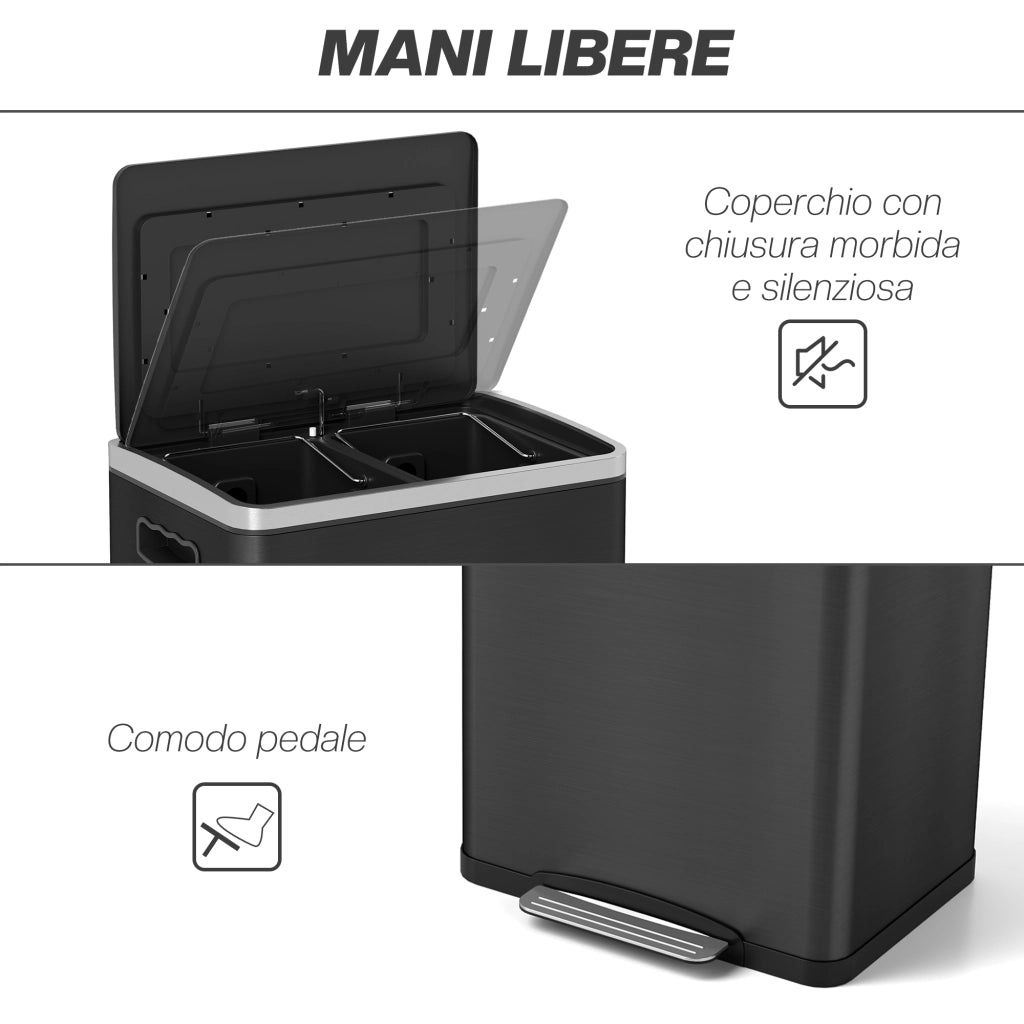 Bidone Immondizia a 2 Sezioni da 20L con Coperchio Silenzioso. in Acciaio Inox e PP. 40x34.8x59 cm. Nero
