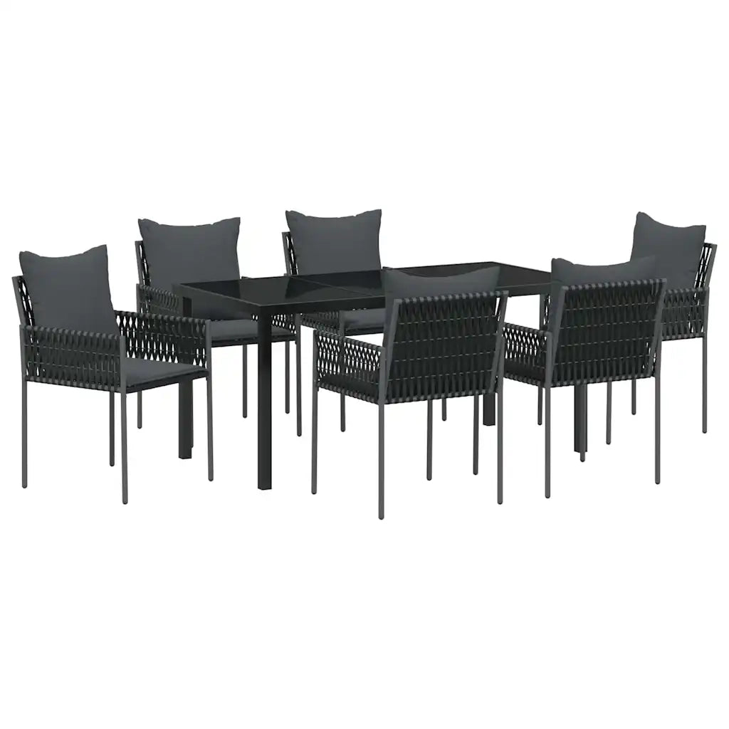 Set da Pranzo per Giardino 7 pcs Nero e Grigio Rattan in PE