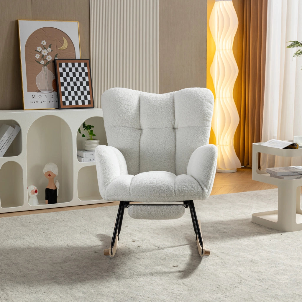 Poltrona a Dondolo Imbottita con Poggiapiedi ¨C MINIMAL ¨C Tessuto Boucl¨¦ Bianco