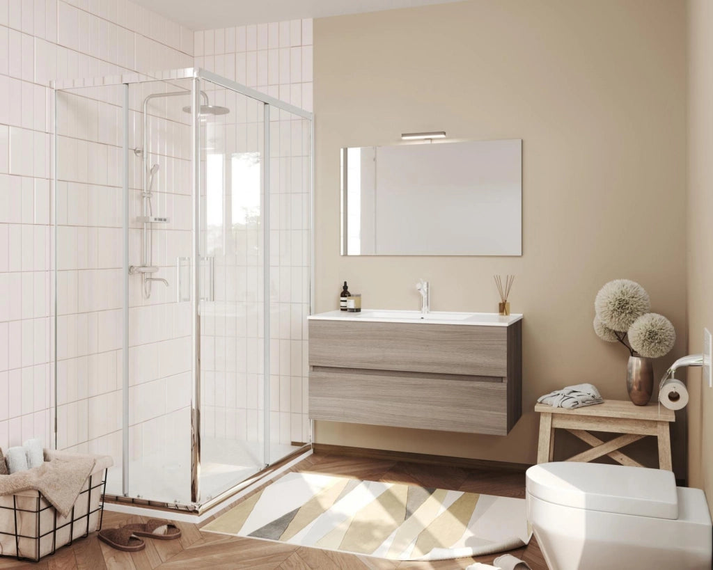 Composizione bagno 2 cassettoni rovere fumo con lavabo e specchio con lampada led