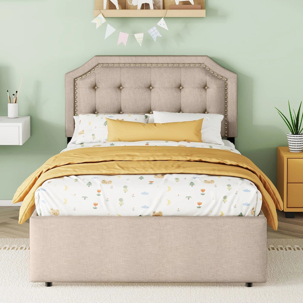 Letto singolo a profilo basso 90x200cm con montanti decorativi e cassetti doppi in beige scuro