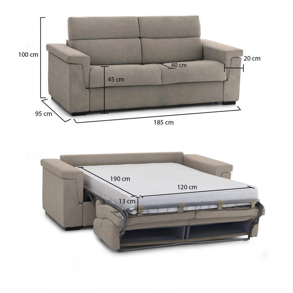 Tenna, Divano Letto 2 Posti Sfoderabile Made in Italy, 185x95 cm Grigio Tortora