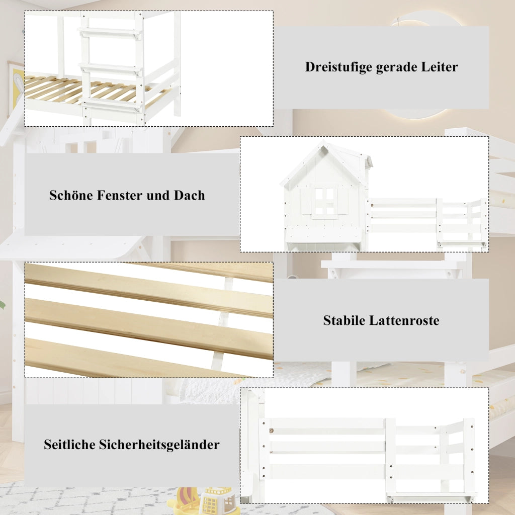 LETTO A CASTELLO per bambini 90x200 cm Bianco con finestre e tetto