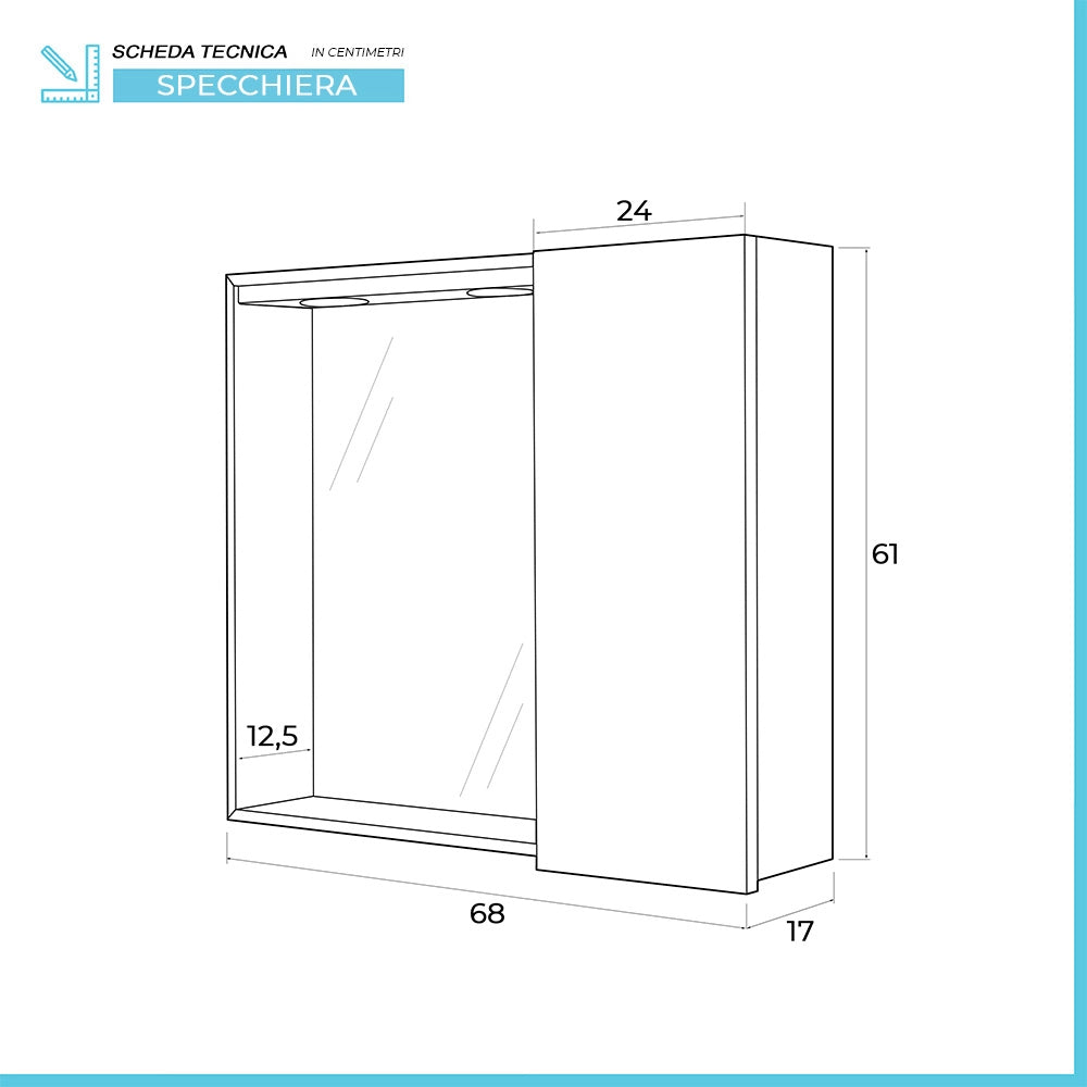 Specchio contenitore 68x61 cm dolomite con anta a destra e faretti LED Desya