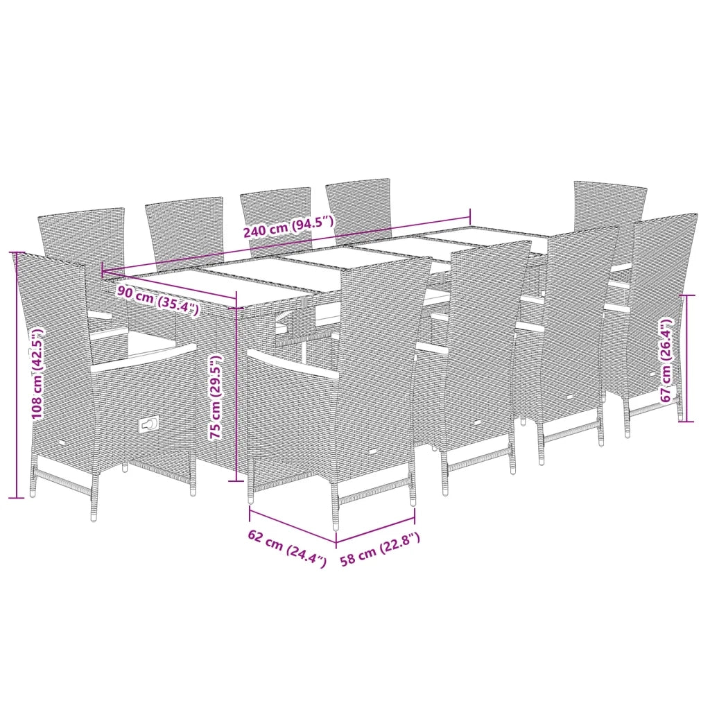 Set da Pranzo da Giardino 11pz con Cuscini in Polyrattan Grigio 3277549