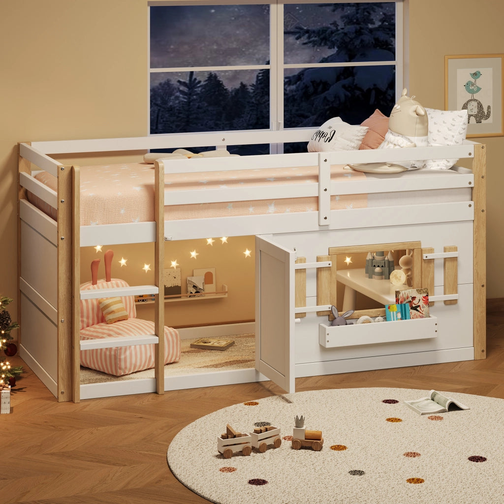 LETTO A SOPPALCO 90x200 cm in Legno massello Bianco con Scala e Area Gioco