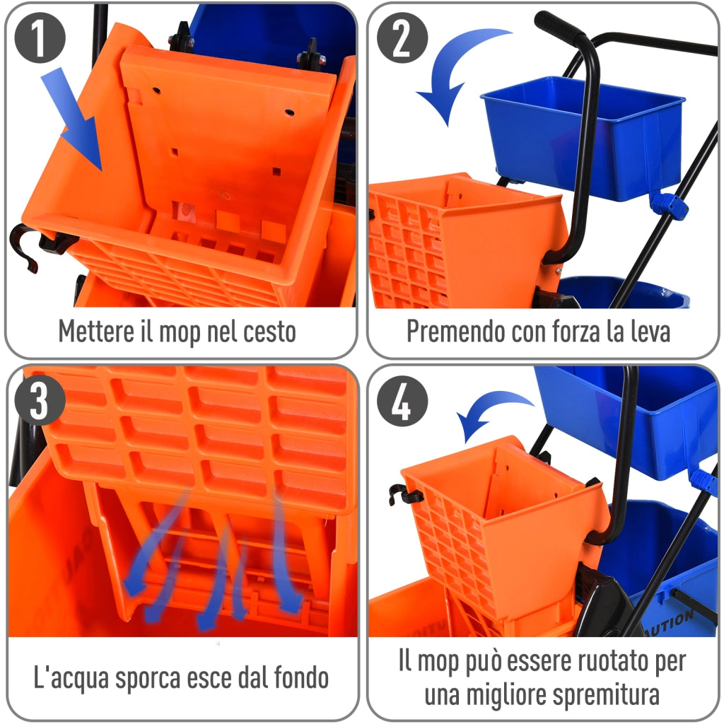 Carrello per pulizie con secchi ¨C Minimal ¨C 78x45x95 cm, arancio e blu, plastica e metallo