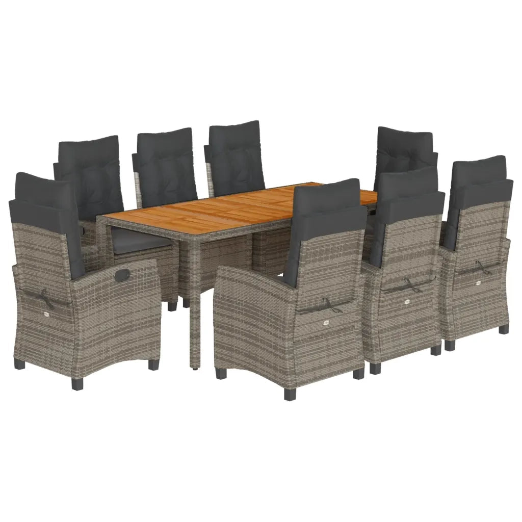 Set da Pranzo da Giardino 9 pz con Cuscini in Polyrattan Grigio